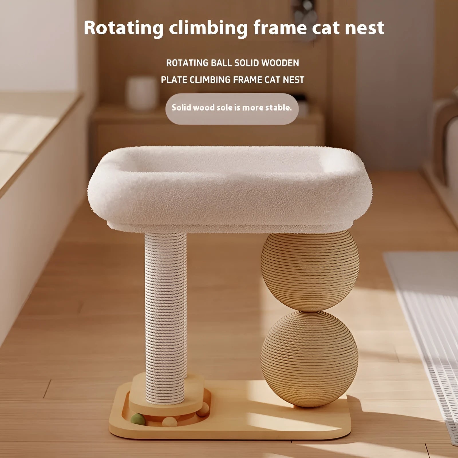 Natural pine wood cat nest frame with two integrated scratching balls, shown with a choice of sisal rope or soft fabric mat surface.
