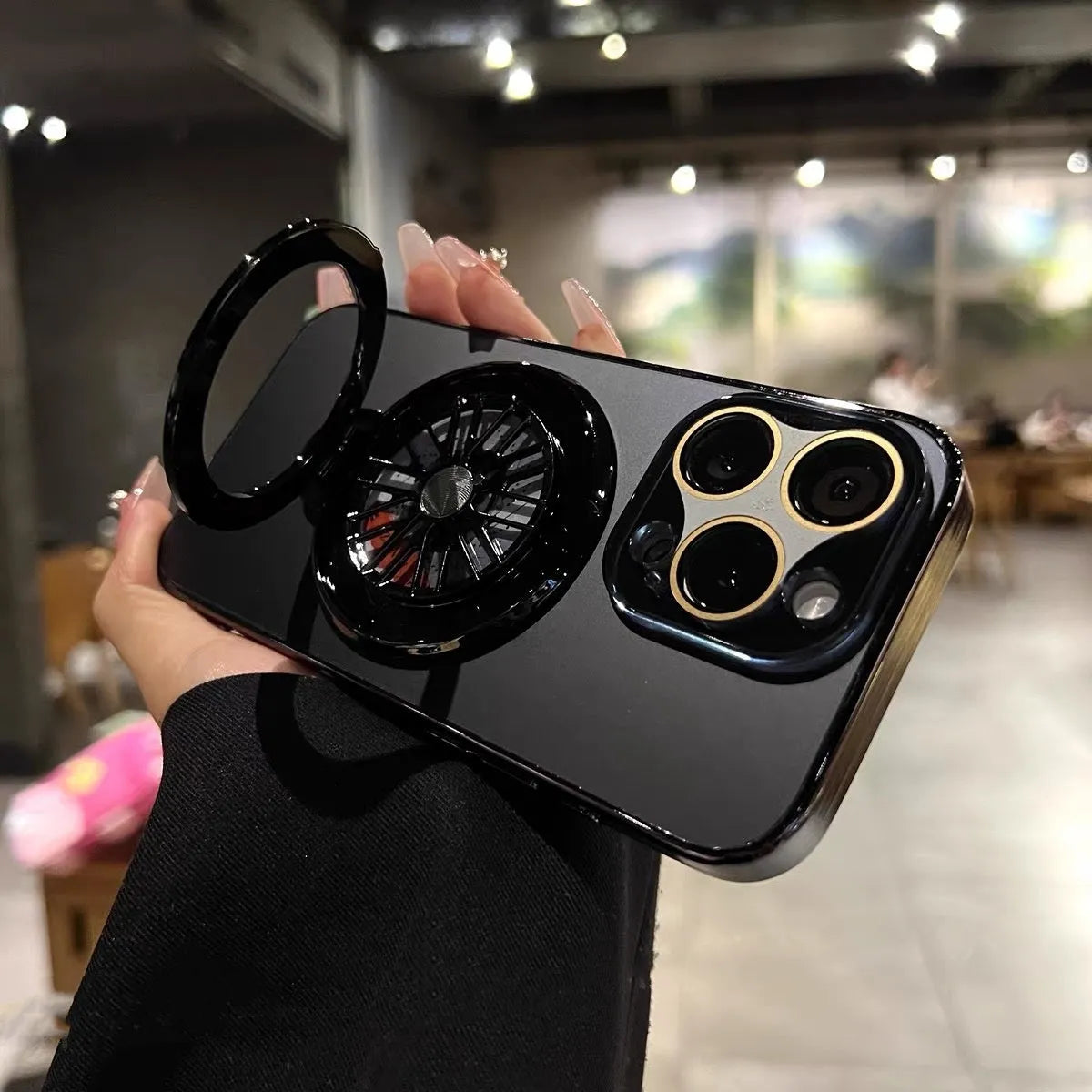 Frosted rotating gyro magnetic bracket phone case for iPhone in Graphite Black with 360-degree stand
