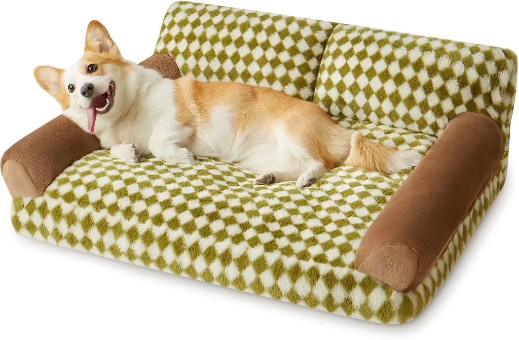 Checkered grey and white pet sofa bed for small dog or cat on wooden floor.