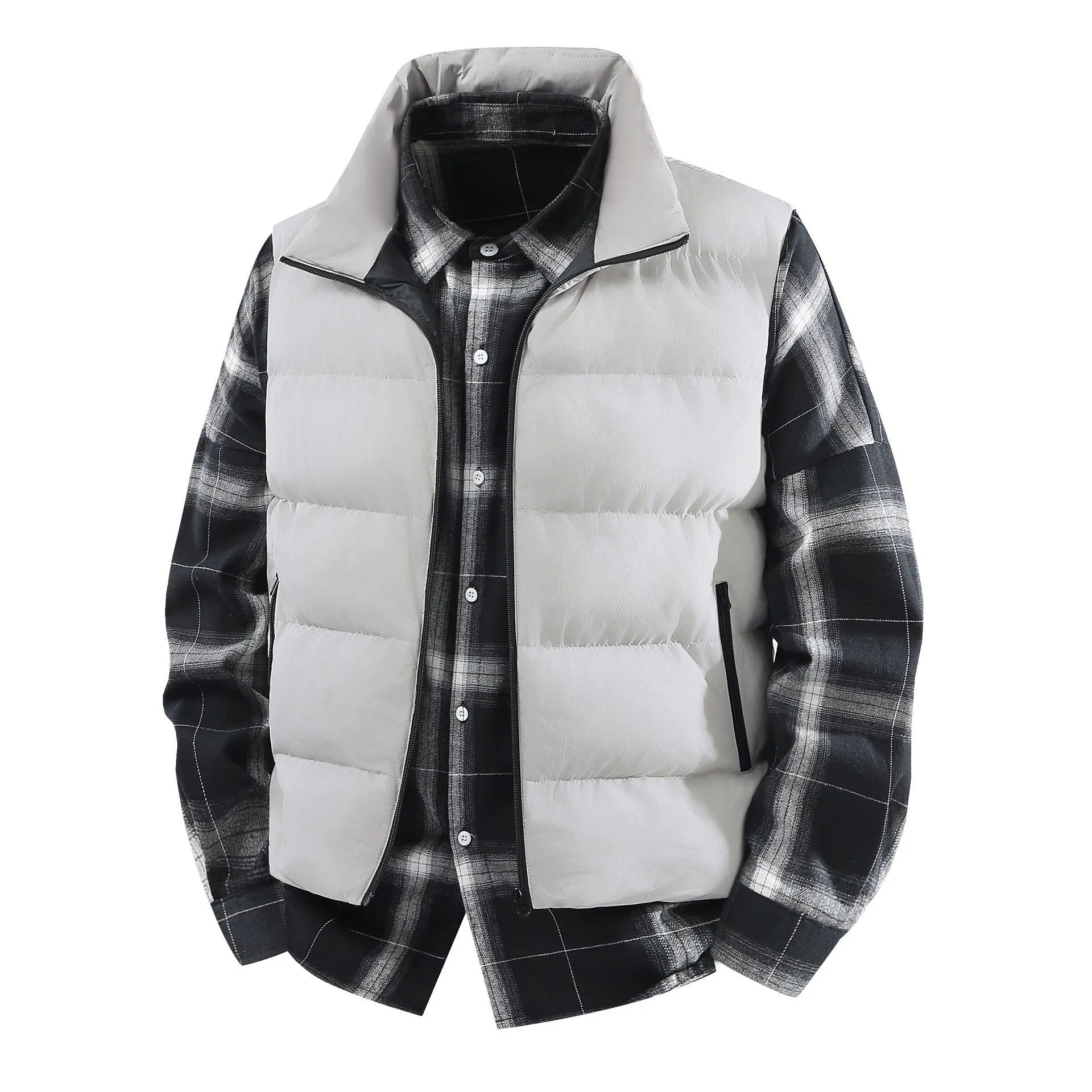 Men's plus size corduroy stand collar vest coat in black with thick lining, loose fit