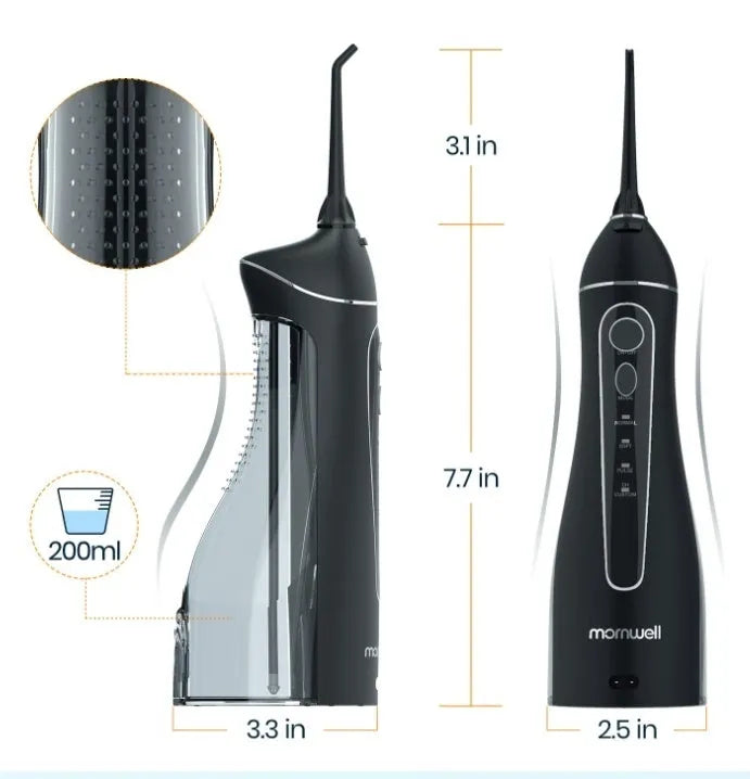 Black prooral portable oral irrigator with water reservoir and smart water toothpick technology