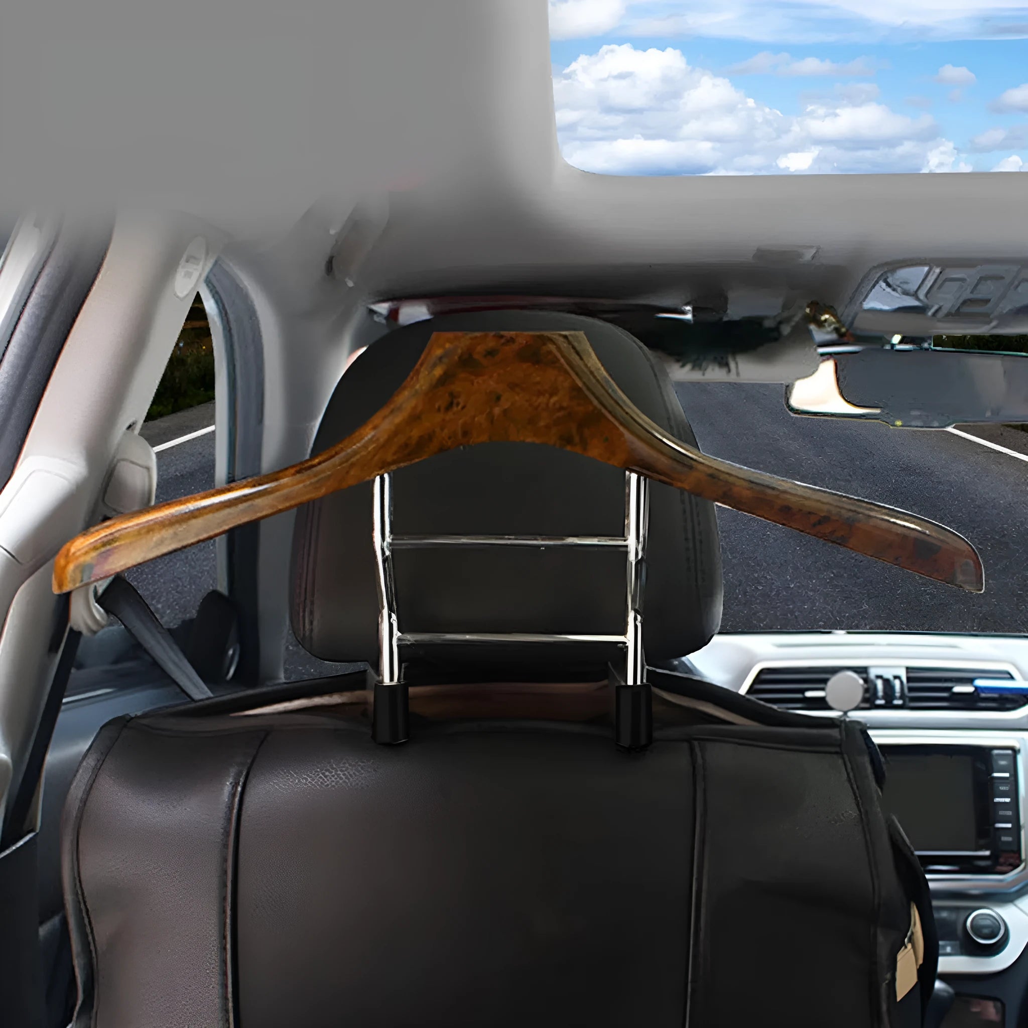 Wood yellow stainless steel car clothes hanger mounted on vehicle headrest