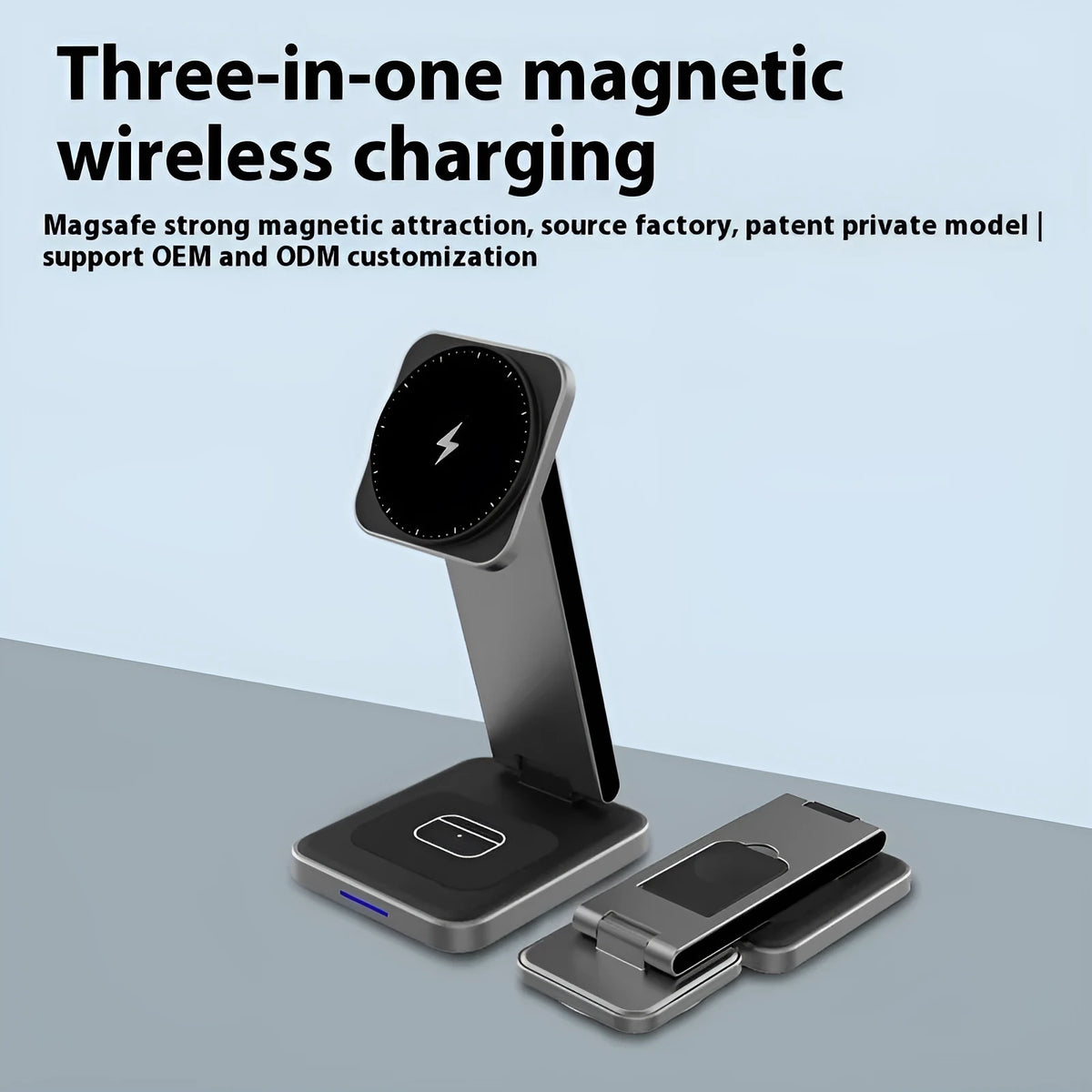 Folding alloy three-in-one wireless charger with digital display, black colour, magnetic charging, 18W output
