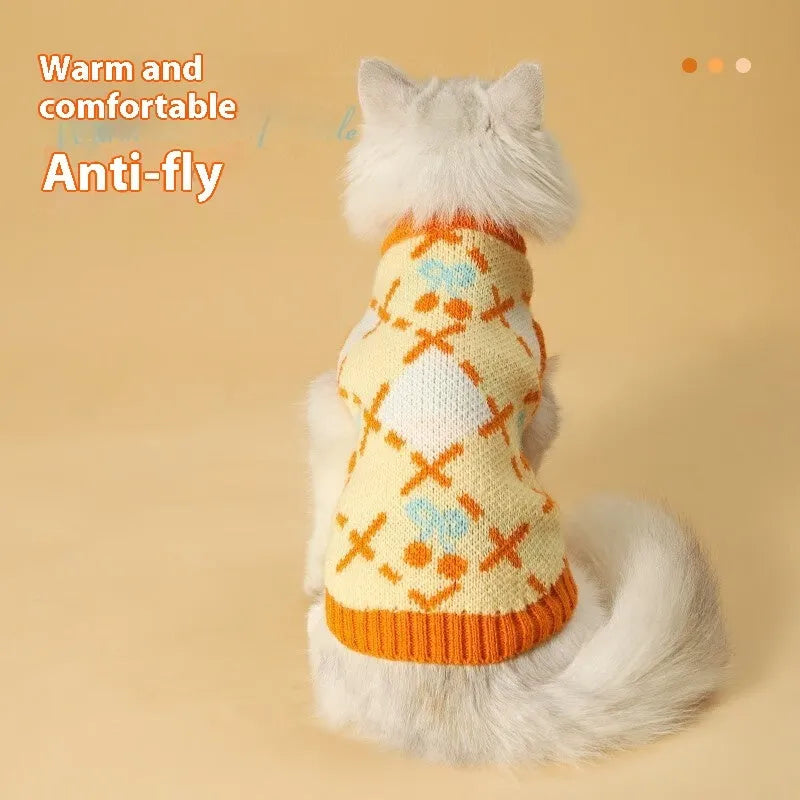 Orange cat sweater with diamond cherry fabric for autumn and winter wear