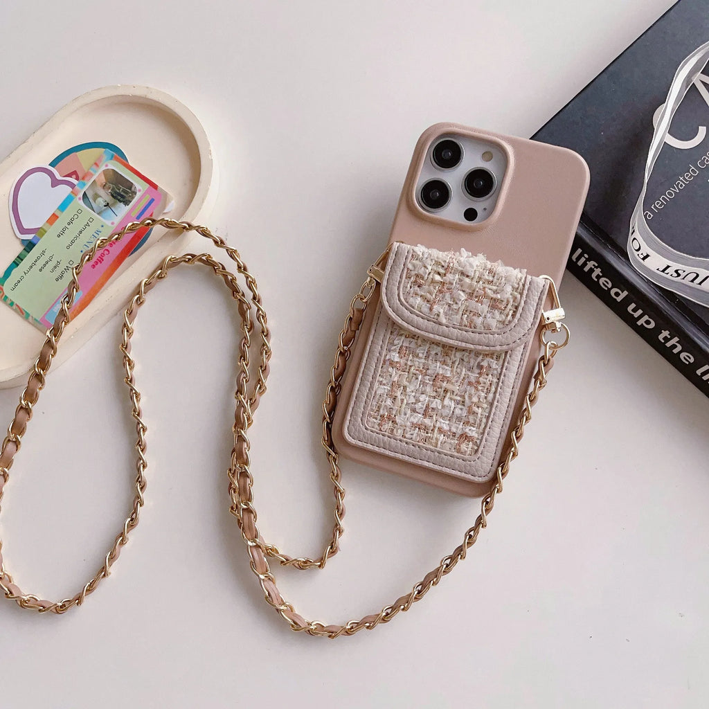 PU leather crossbody chain card holder back phone case in black with frosted finish
