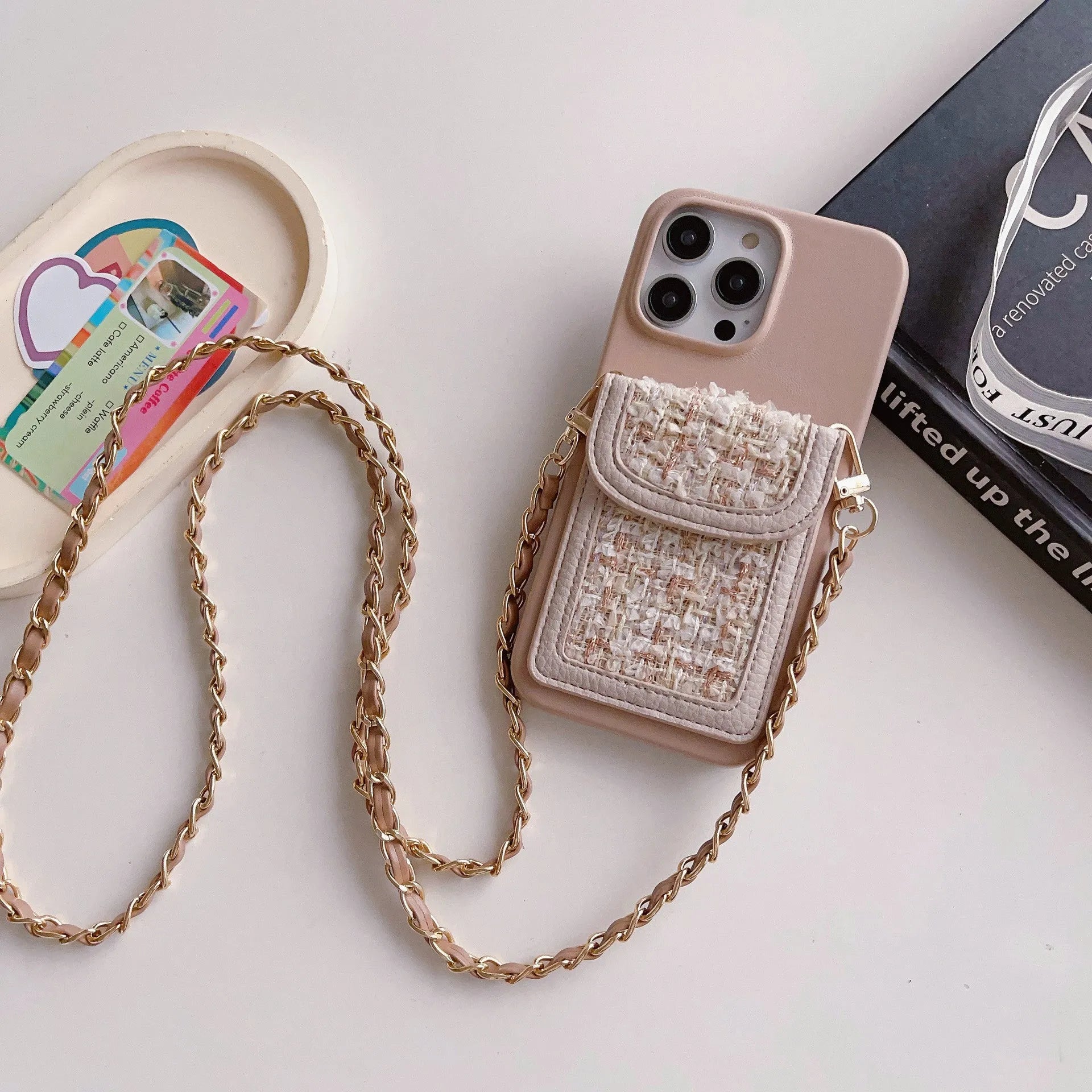 PU leather crossbody chain card holder back phone case in black with frosted finish