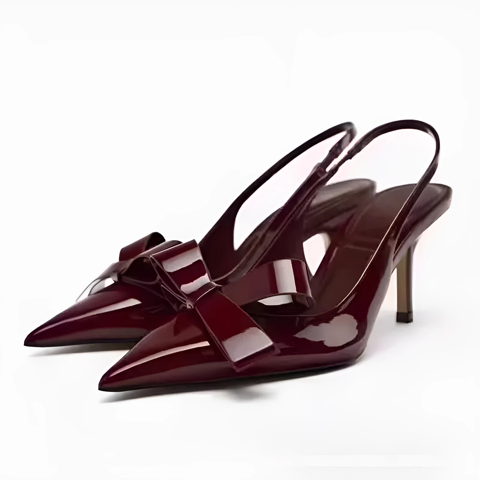 Patent leather women's high heels wine red bow open-back pointed toe rear lacing