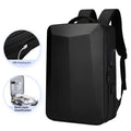 Men's waterproof business backpack in black with Oxford cloth panels and curved shoulder straps