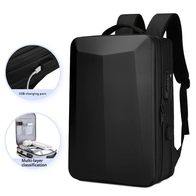 Men's waterproof business backpack in black with Oxford cloth panels and curved shoulder straps
