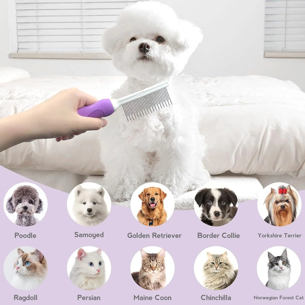 Purple pet detangling comb with stainless steel teeth on a 27cm long ergonomic handle.