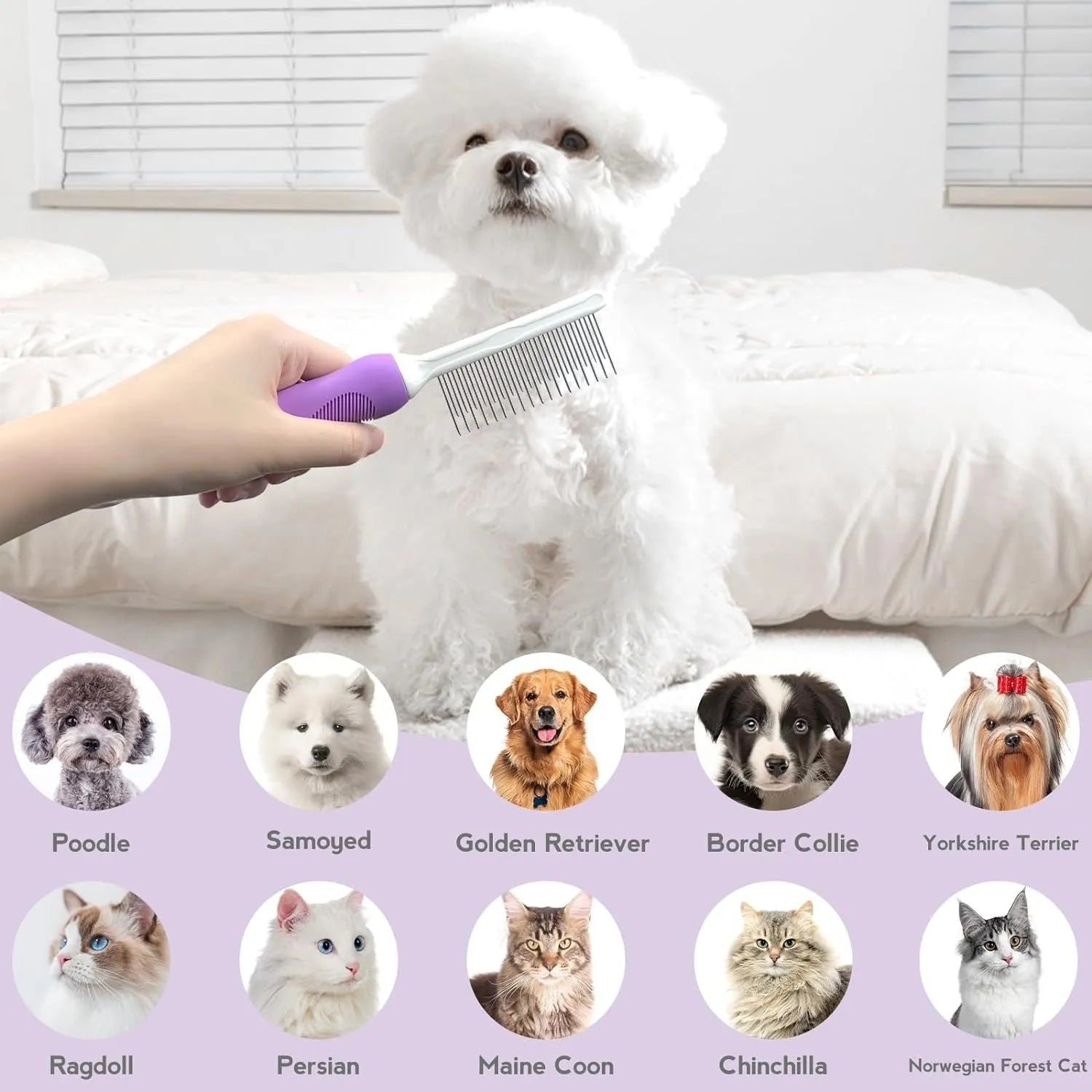 Purple pet detangling comb with stainless steel teeth on a 27cm long ergonomic handle.