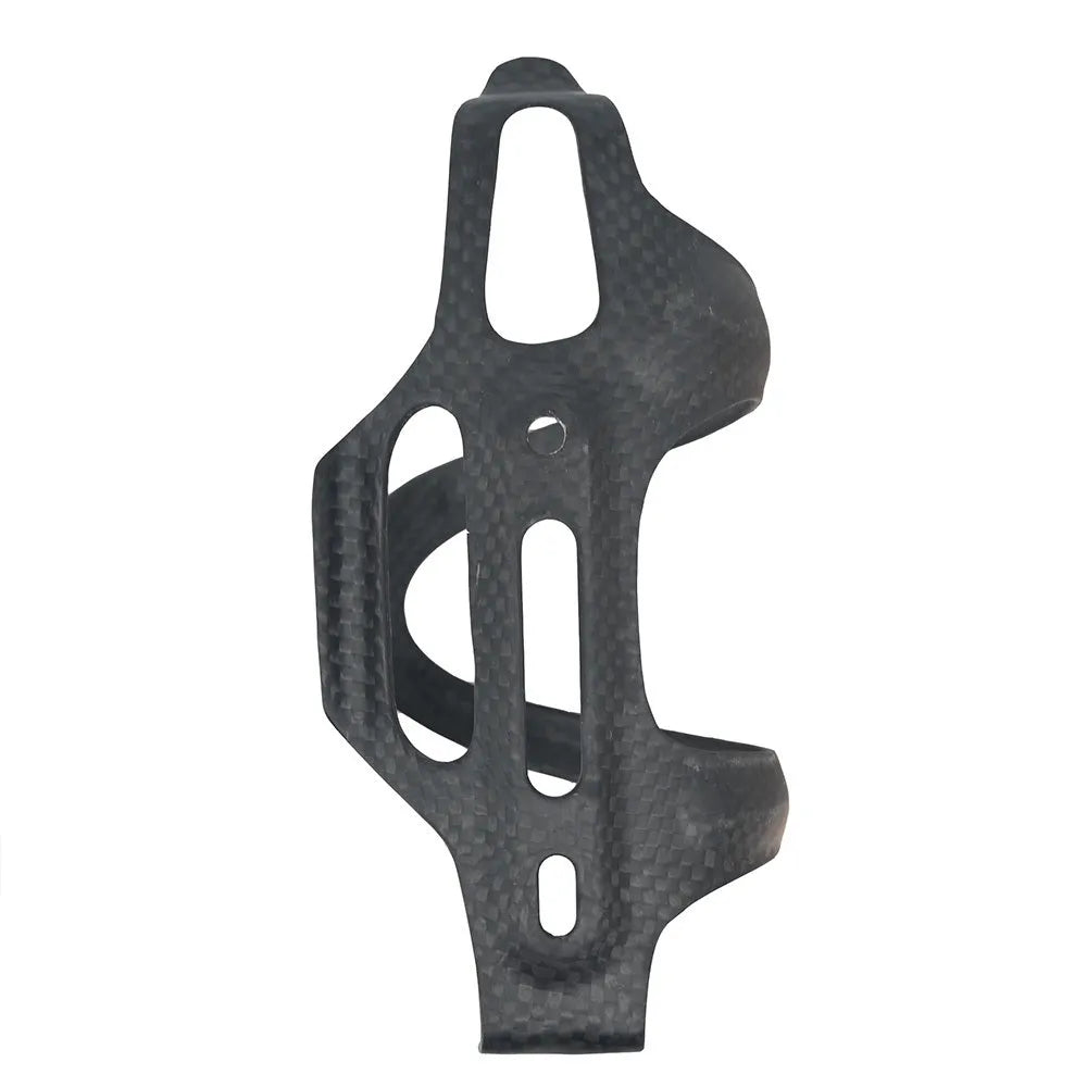 Black carbon fibre side-pull water bottle cage for bicycles, showing mounting holes and side-access design.