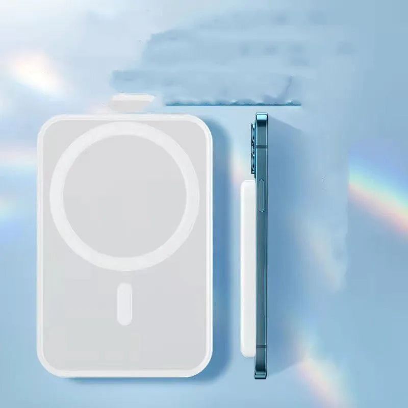 White magnetic wireless power bank showing compact 100x65x16mm dimensions with wireless charging surface
