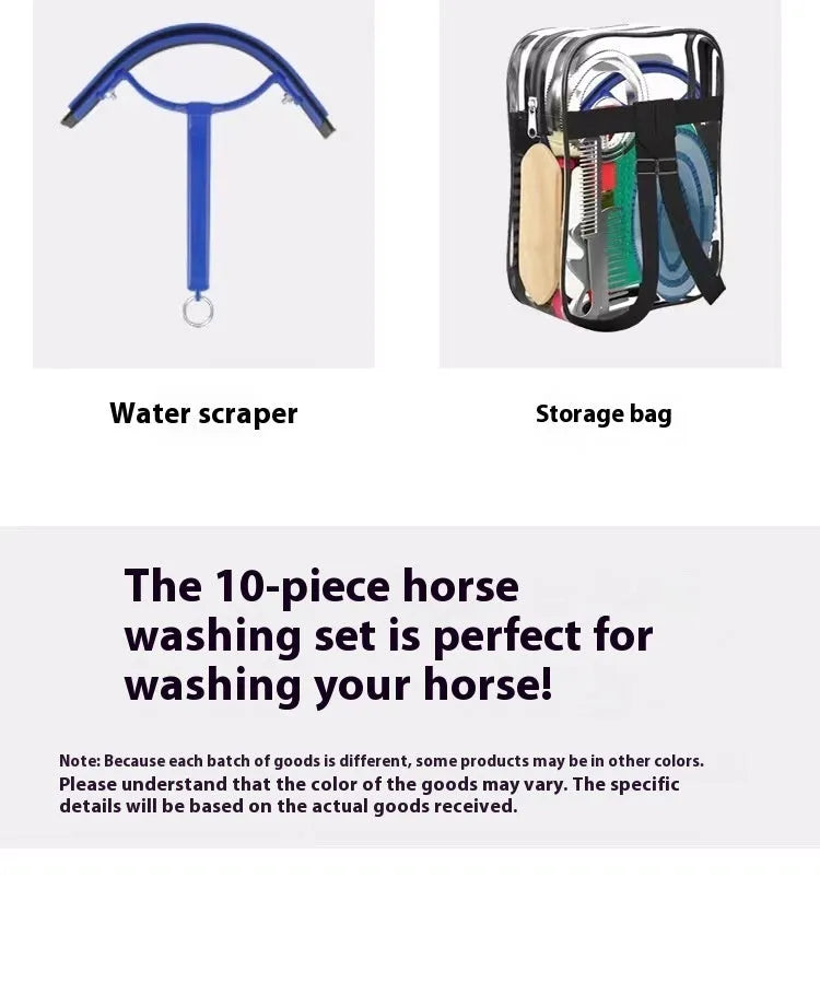 Complete horse grooming brush set with ten tools including brushes, combs, scraper and storage bag