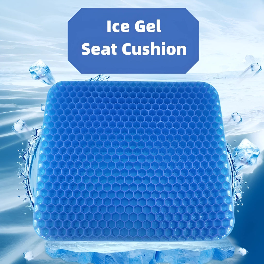 Solid colour gel seat cushion with a honeycomb pattern, shown with its removable PVC cover.