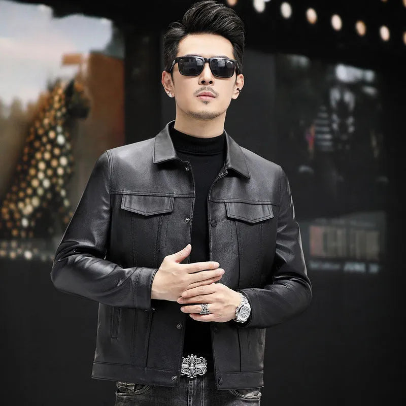 Men's black cowhide leather jacket with polo collar, sizes L to 5XL, daily wear