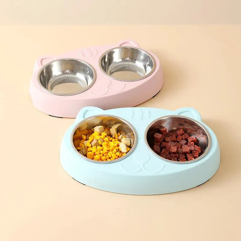 Blue plastic double bowl pet feeding tray for cats and dogs with food and water compartments