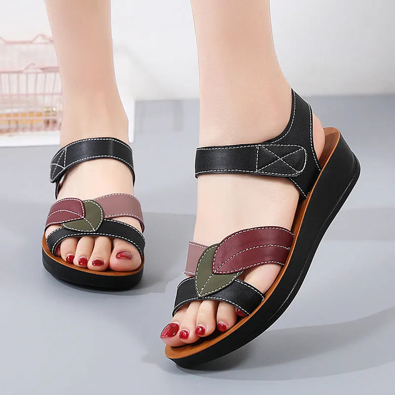 Women's velcro sandals with thick sole, beige colour, side hollow design