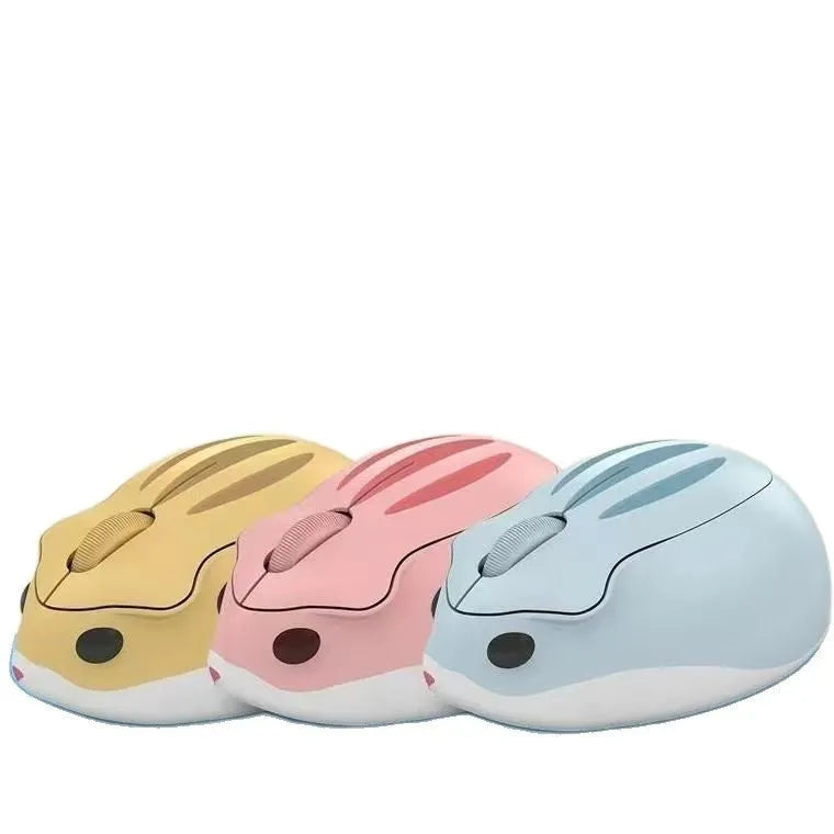 Compact wireless Bluetooth mute mouse shown in grey, pink, and yellow colour options
