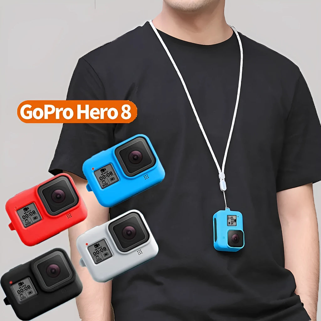 GoPro Hero 8 Black camera with blue silicone protective sleeve and attached wrist strap.