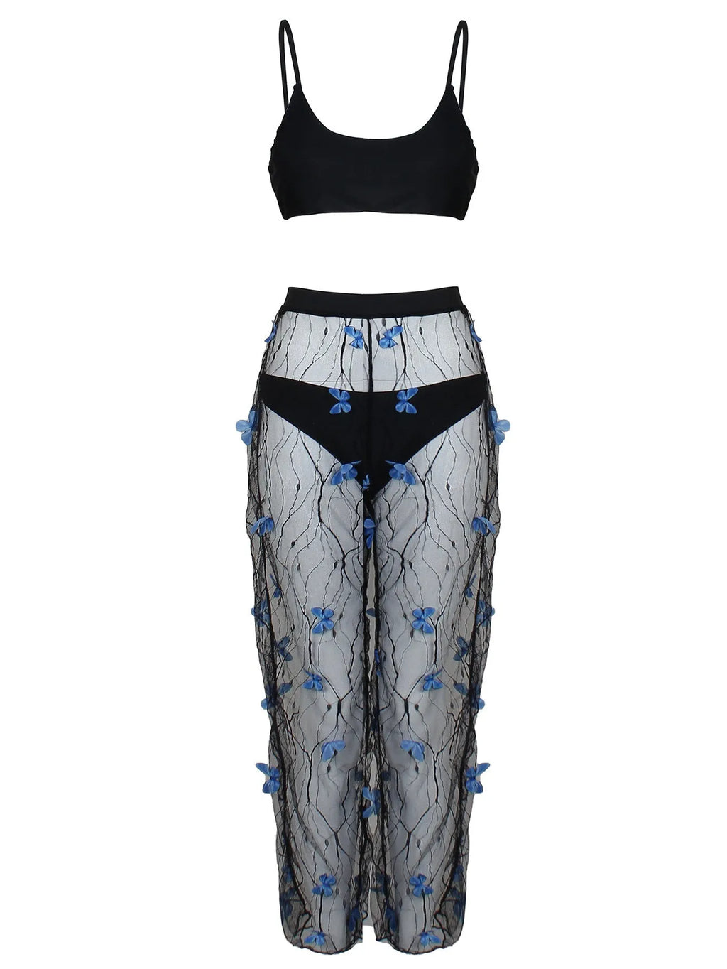 Black voile butterfly pattern women's bikini three-piece set with sheer polyester fabric