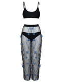 Black voile butterfly pattern women's bikini three-piece set with sheer polyester fabric