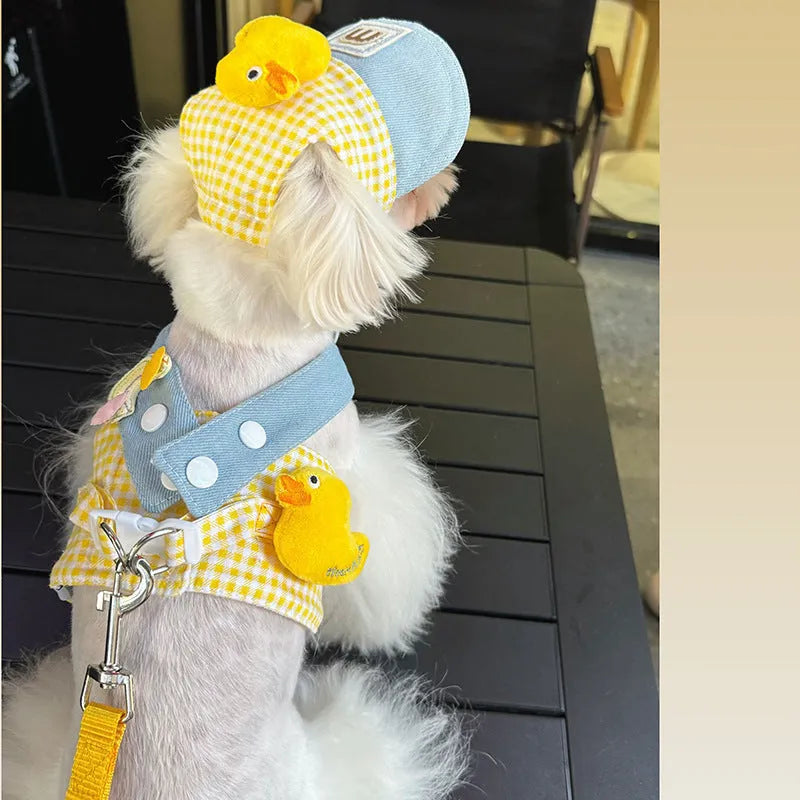 Pet harness and leash set with wire rope pulling rope, matching cat clothes and hat for dogs and cats