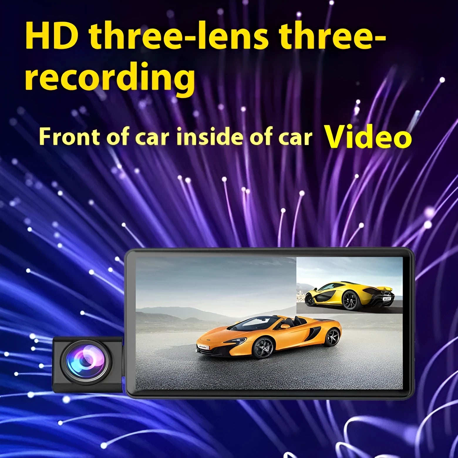 Three lens car dashcam with 4-inch touch screen display showing front, rear and interior camera views