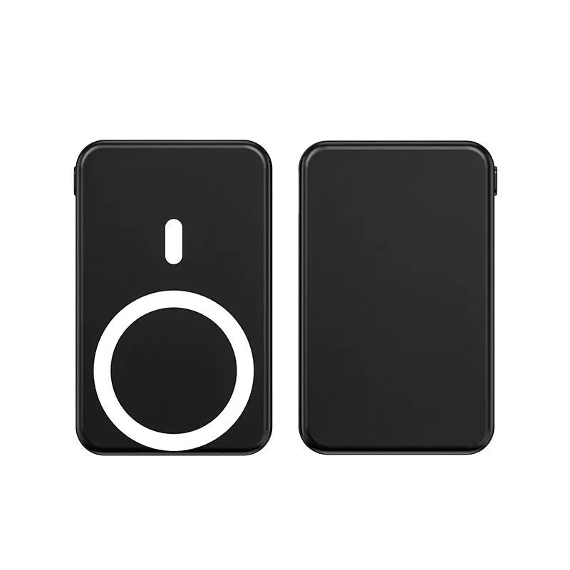 Ultra-thin portable power bank with wireless magnetic charging in white, black, or blue colour options