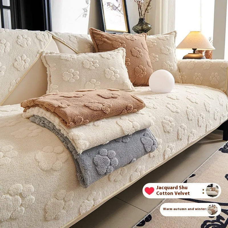 Thickened fleece non-slip sofa cushion in solid beige plush, square and rectangular sizes for sofa or dust cover use