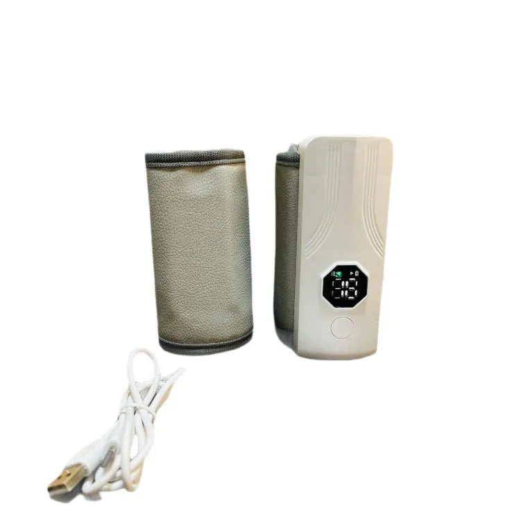 Grey and white car charger electric milk warmer with PU leather finish.