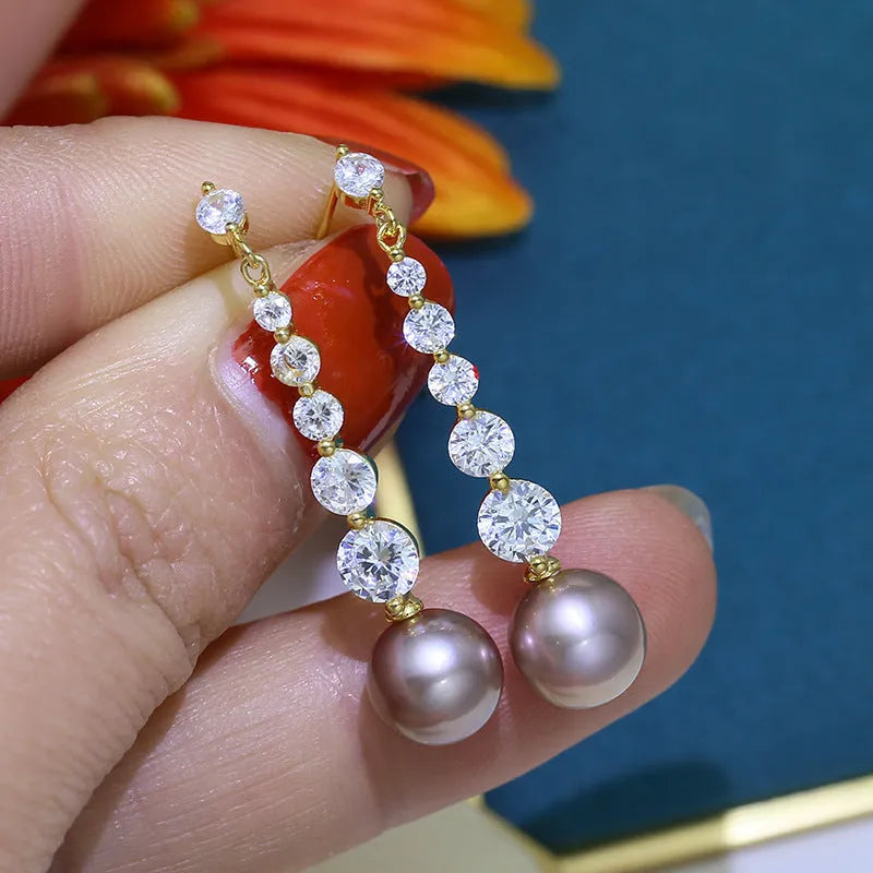 Gold copper long drop earrings with round drilled pearl geometric design for women