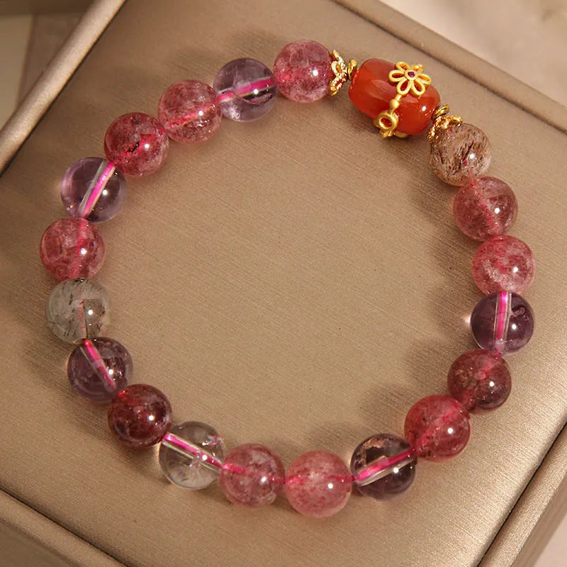 Natural Super Seven crystal bracelet with red agate and white stones in a cartoon style.