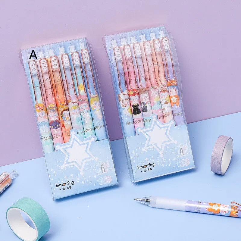 Six constellation cartoon gel pens with 0.5mm metal tips and blue ink