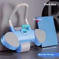 Blue abdominal exercise wheel with automatic rebound and padded elbow supports on a grey floor.