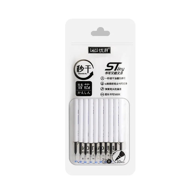A pack of ten quick-drying 500-metre pen refill cartridges in black, blue, red, and ink blue colours.