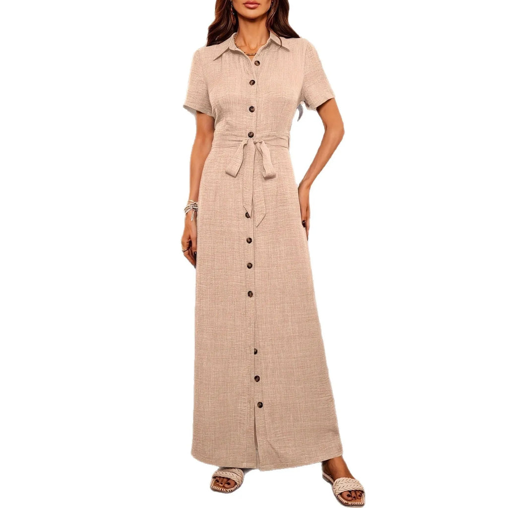 Women's lapel dress cardigan with button belt, high waist, long skirt, short sleeves, blue and apricot, S-XXL