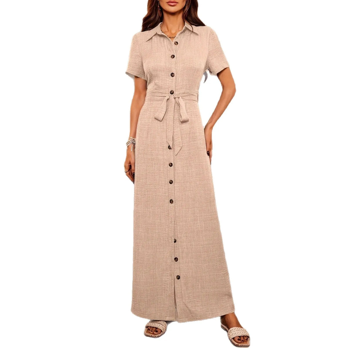 Women's lapel dress cardigan with button belt, high waist, long skirt, short sleeves, blue and apricot, S-XXL