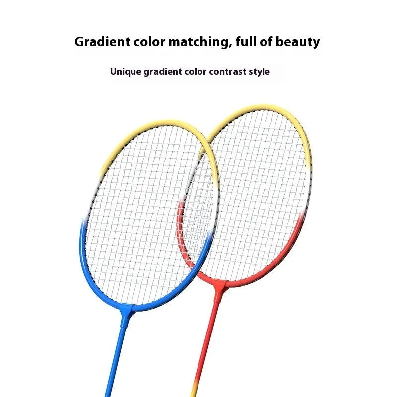 Pair of blue and red ultra-light aluminium alloy badminton rackets with split-frame design on a court.