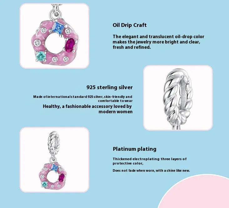 925 silver donut pendant bead with glossy dripping oil finish, 2.1x1.0cm size, aperture 0.45cm
