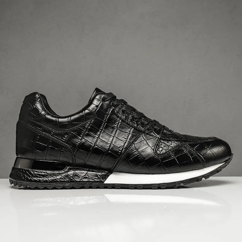 Crocodile pattern elevated leather shoes in black with wedge heel and rubber sole