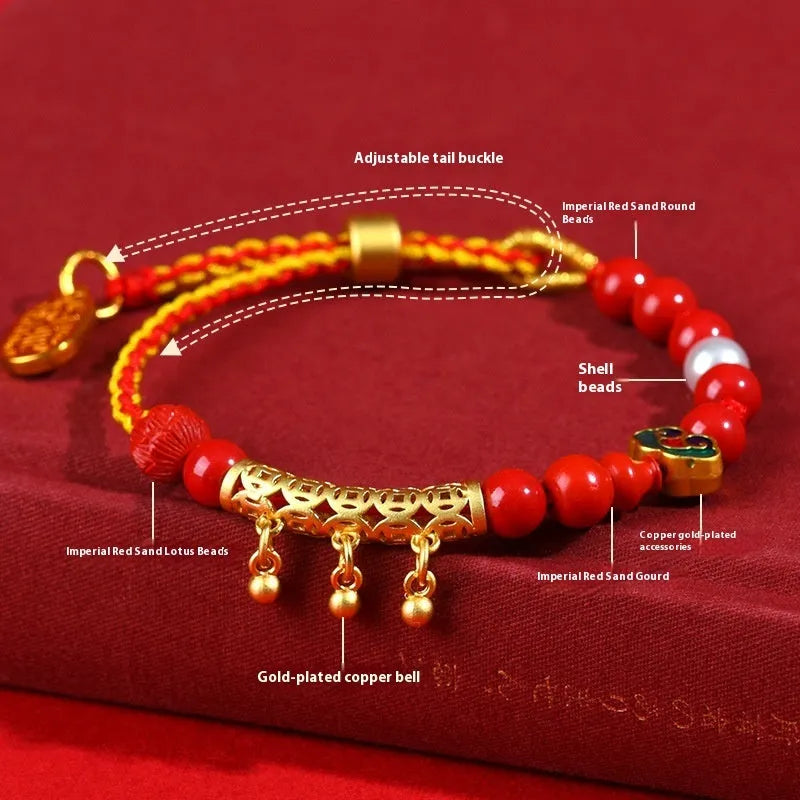 Cinnabar red rope bell-bracelet with hand-woven geometric design and round elements