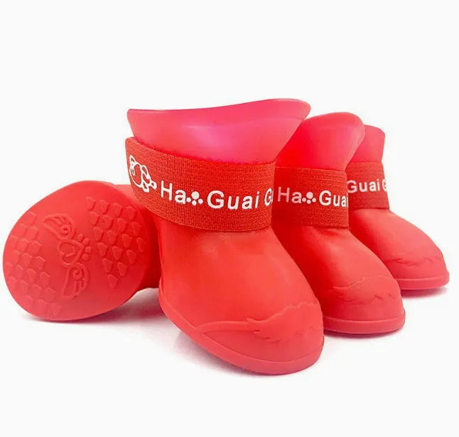 Set of four soft-soled rubber rain shoes for dogs in various colours on a wet surface.