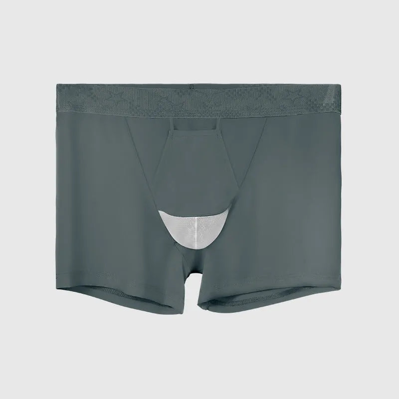 Men's solid colour ice silk nylon sports underwear in boyshorts style with mid waist.