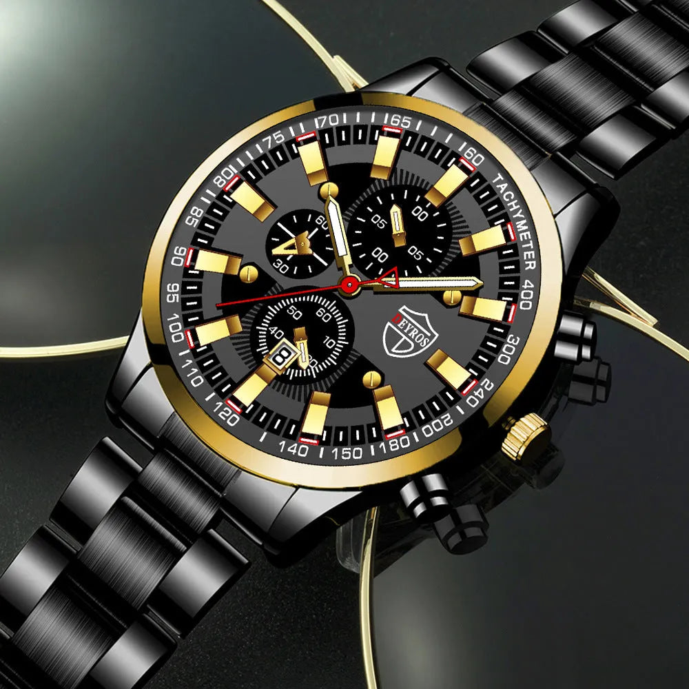 Men's stainless steel luminous quartz wristwatch with 42mm dial, calendar, and 24-hour indication on a white background
