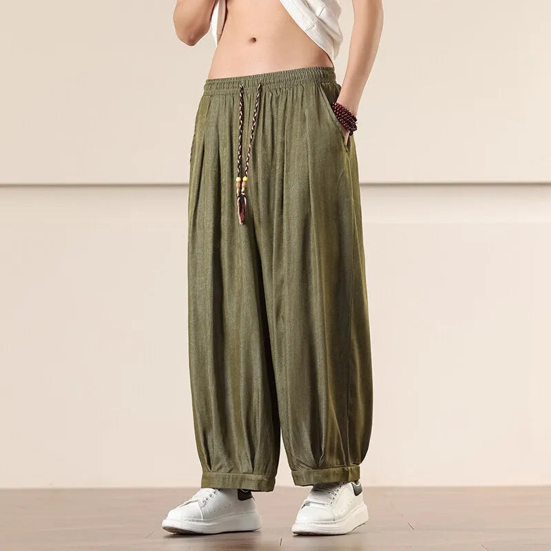 Men's retro straight-leg harem pants, cropped length, solid colour, chemical fibre blend, casual style