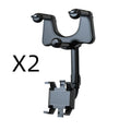 Black rearview mirror phone holder with telescopic arm and 360-degree rotating head mounted on a car mirror.