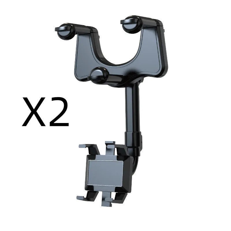 Black rearview mirror phone holder with telescopic arm and 360-degree rotating head mounted on a car mirror.