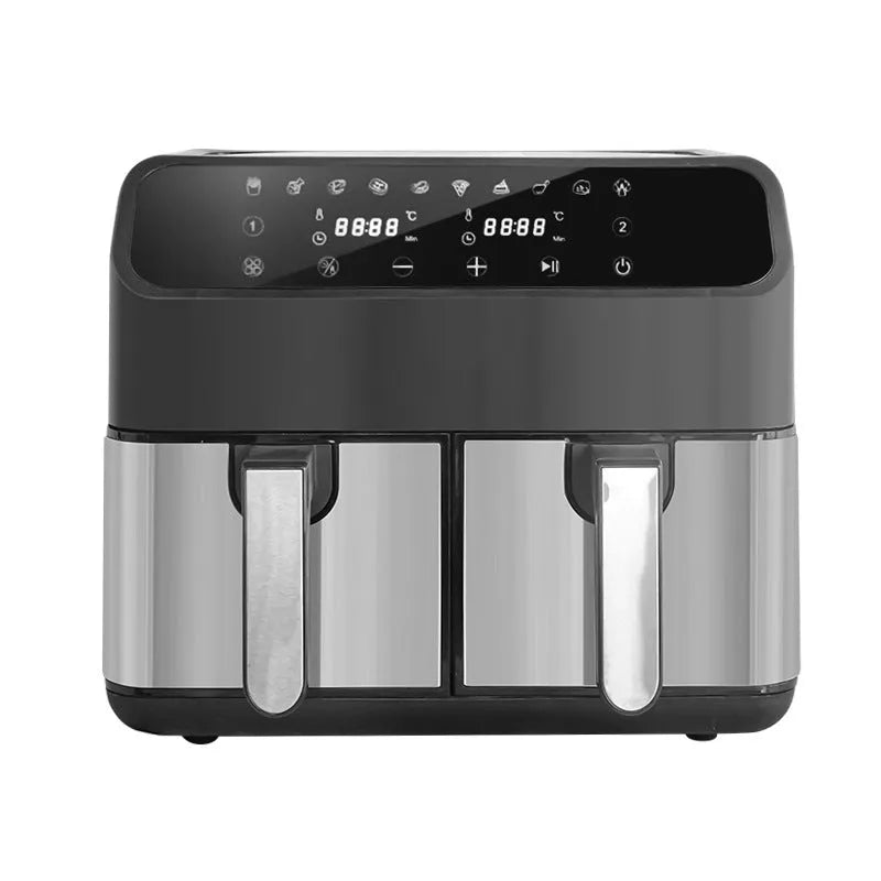 Stainless steel 8L double pot air fryer with UK plug, black controls and non-stick baskets on a kitchen counter