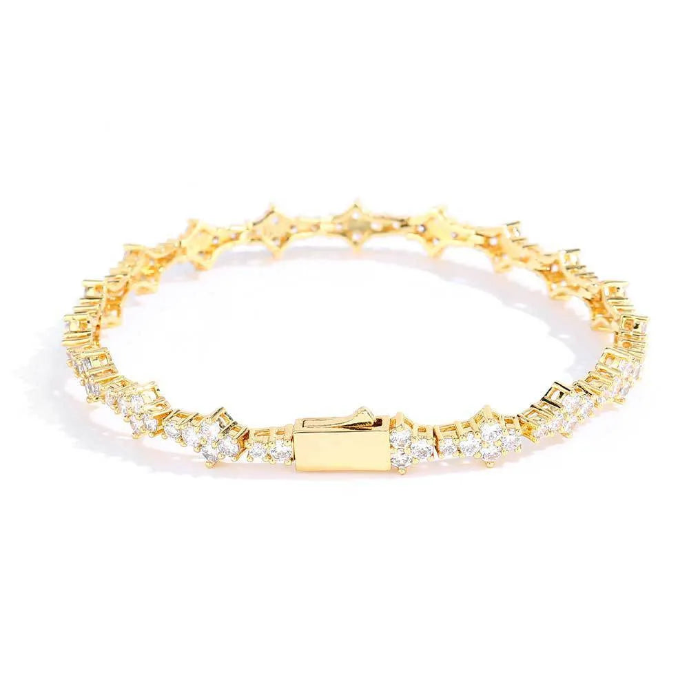 Copper spring fastener bracelet with inlaid zircon in gold finish, 6.5mm width geometric chain